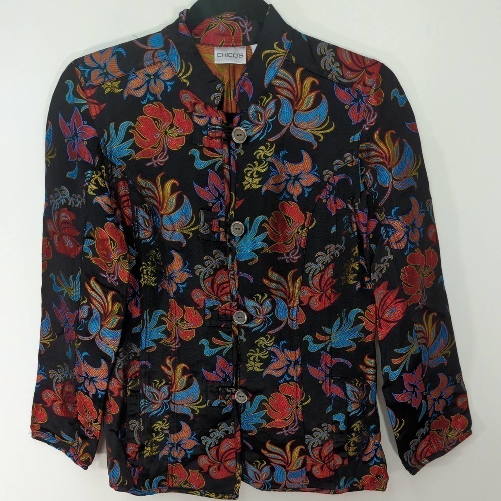 Chicos Womens Embroidery Jacket Black Floral Mandarin Collar 0